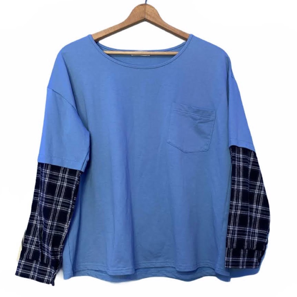 Romwe Contrast Light Blue Plaid Sleeves Pullover